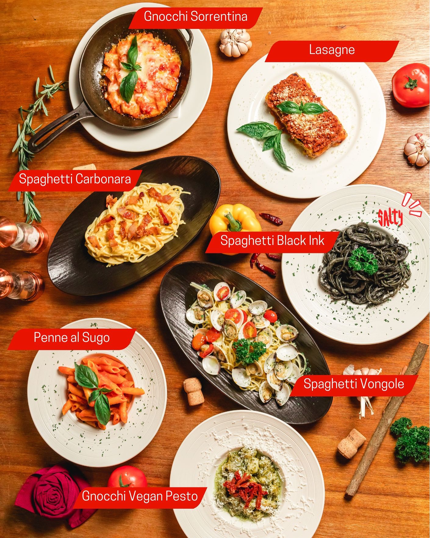 Bellini pasta spread — carbonara, vongole, black ink, lasagne, gnocchi